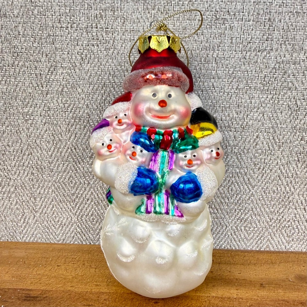 Vintage‎ Blown Glass Snowman Family Christmas Ornament Glitter Accents